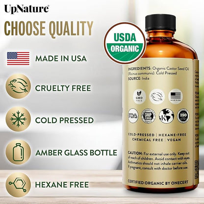UpNature Organic Castor Oil in Glass Bottle (16 oz) 100% Pure Cold Pressed Unrefined Castor Oil for Hair Skin Face (Hexane Free)