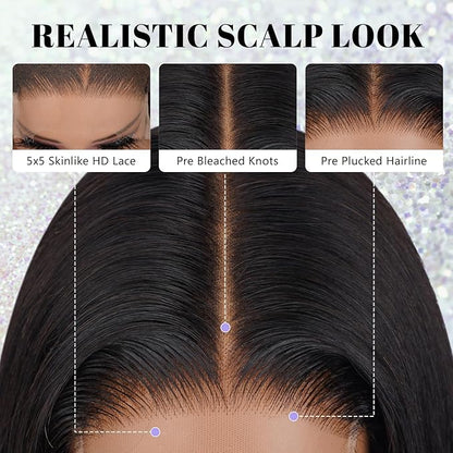 0.1 mm Ultra-thin 5x5 SKINLIKE HD Lace Closure Wigs Human Hair,200% Density Glueless HD Lace Front Wigs Human Hair Pre Plucked Bleached Knots Swiss Lace Straight Wigs for Women 24 Inch