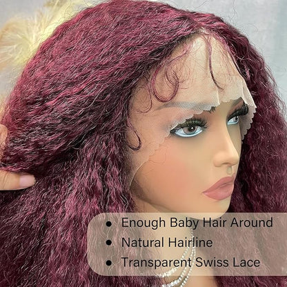SOKU Crimp to Curl T Part Lace Front Wig Synthetic 20 Inch Red Burgundy Afro Kinky Straight with Curly End Wigs Pre-plucked Transparent Lace with Baby Hair Yaki Straight Wigs for Women