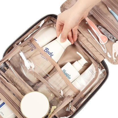 NISHEL Travel Toiletry Bag for women, Portable Hanging Organizer for Travel-Sized Shampoo, Conditioner, Brushes Set, Makeup Accessories, Medium Size, Lake-Blue