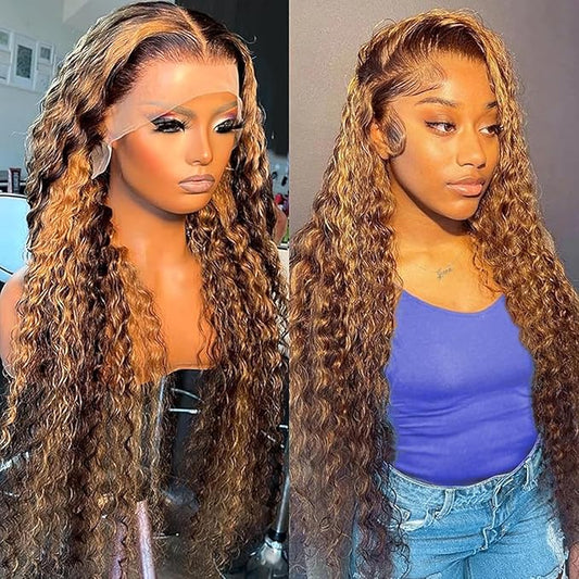 CHEETAHBEAUTY #4/27 Ombre Highlight Deep Wave 13X6 HD Transparent Lace Front Wigs Human Hair Brazilian Deep Curly Human Hair Wigs for Black Women Pre Plucked with Baby Hair 250% Density(20inch)
