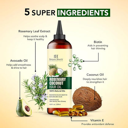 Botanic Hearth Rosemary, Coconut & Avocado Hair Oil with Biotin (6.7 fl oz) | Nourishing Hair Growth & Strengthening Formula | Promotes Healthy, Shiny Hair | Suitable for All Hair Types