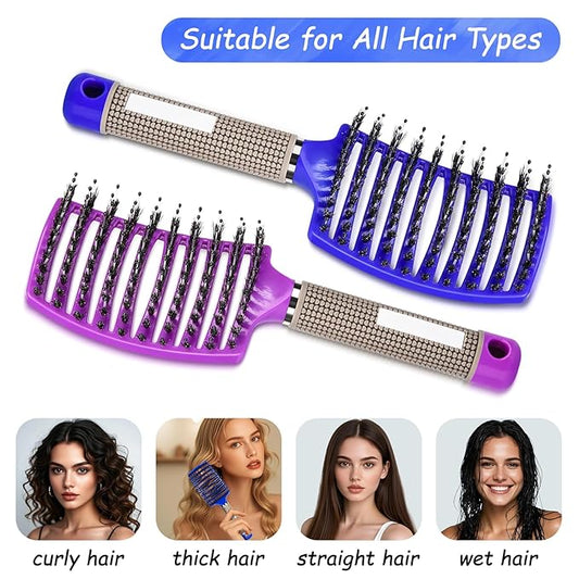 Wet Hair Detangling Brush for Blow Drying，Hair Detangler Brush for Women and Kids ，Boar Bristle Hair Brushes 2 PACK（BLUE+PURPLE)