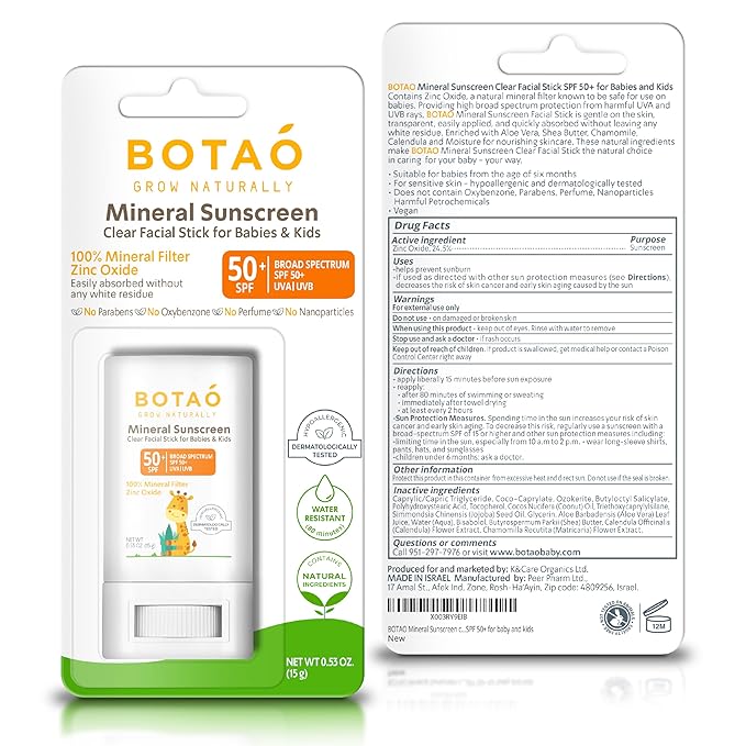 baby Mineral Sunscreen Stick 100% Zinc Oxide SPF 50+ Water Resistant UVA/UVB Protection Easy to Apply Fragrance Free, babies & kids, for sensetive skin, Unscented