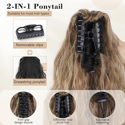 AISI BEAUTY Claw Clip Ponytail Extensions,30 Inch Long Curly Ponytail Extension for Women Fluffy Blonde Highlights Synthetic Ponytail Hairpiece for Daily Use
