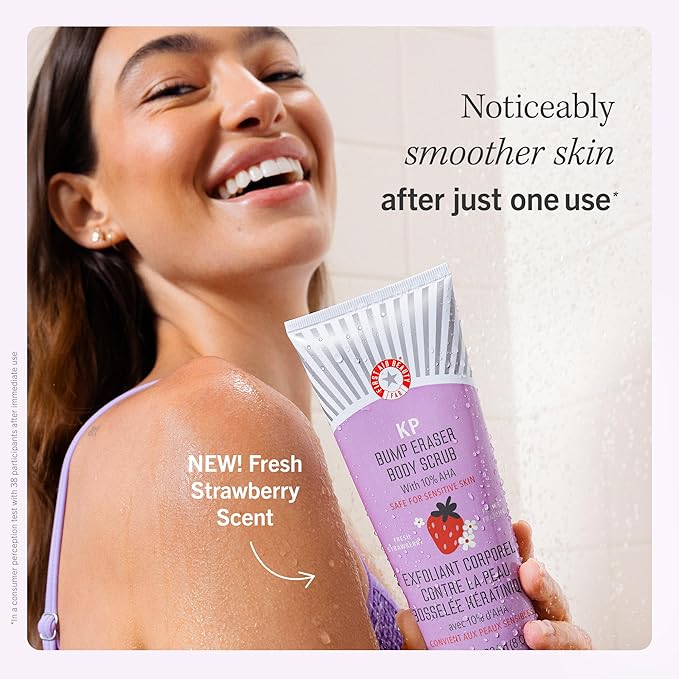First Aid Beauty - KP Bump Eraser Body Scrub with 10% AHA, Keratosis Pilaris Exfoliator with Glycolic and Lactic acids, Helps Reduce Chicken Skin Bumps, Safe for Sensitive Skin, Strawberry Scent, 2 oz