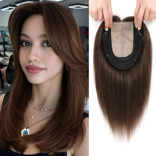 Hair Toppers for Women Real Human Hair, 360° 3D Toppers Pieces for Women with Thinning Crown Side Bangs 12 Inch Upgrade Big Basement (Medium Brown, 12 Inch Side Bangs)