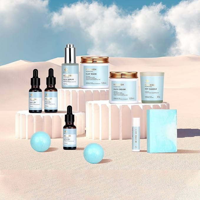 Father's Day Gift, Spa Gift Set, 28pcs Ylang Ylang Facial Skin Care Set includes Face Cream, Bath Oil, Shower Accessories, Clay Mask. Body & Facial Kit for Women & Men, Birthday, Christmas, Dad, Mom