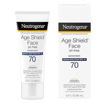 Neutrogena Age Shield Face Oil-Free Sunscreen Lotion with Broad Spectrum SPF 70, Non-Comedogenic Moisturizing Sunscreen to Help Prevent Signs of Aging, PABA-Free, 3 fl. oz (Pack of 3)