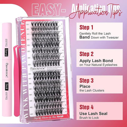 Pawotence Lash Extension Kit Individual Lash Clusters Kit 9-16mm 30D 40D Cluster Eyelash Extensions Kit with Lash Bond and Seal, Lash Tweezers for Self Use (30D&40D, 0.07D, 9-16mm, Portable Kit)
