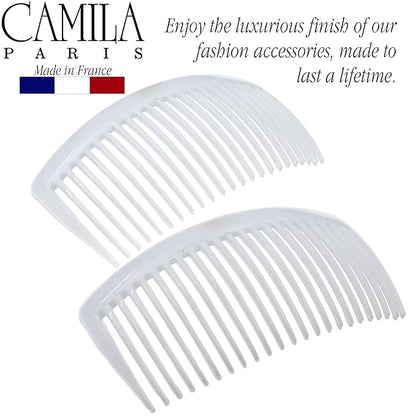 Camila Paris CP3024 French Side Combs Large Curved, White French Twist Hair Combs Decorative, Strong Hold Hair Clips for Women Bun Chignon Up-Do, No Slip Styling Girls Hair Accessories, Made in France