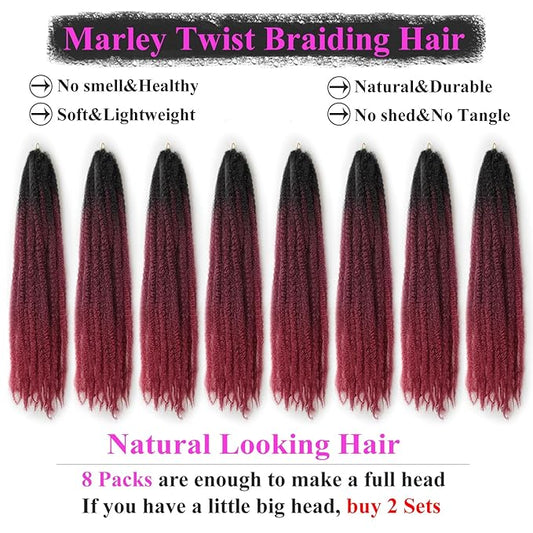 Marley Twist Braiding Hair 24 Inch 8 Packs – Long-Lasting Marley Hair, Fluffy&Tangle-Free Cuban Twist Hair for Braiding, Natural Look Synthetic Spring Afro Kinky Twist Hair Extensions (T1B/99J/530)