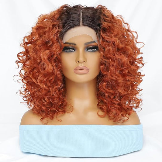 Felek 16inch Curly Lace Front Wigs Ginger Orange with Dark Roots Middle Part Jerry Curl Wig T Lace Front Curly Synthetic Glueless Pre-Plucked Deep Curly Wigs For Black Women (T4-350)