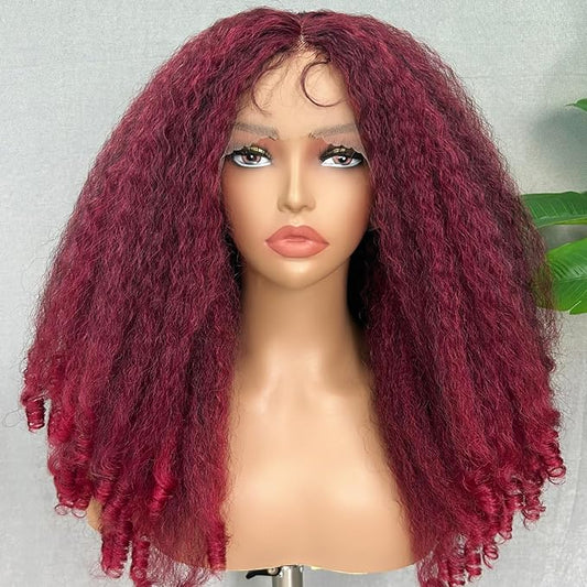 SOKU Crimp to Curl T Part Lace Front Wig Synthetic 20 Inch Red Burgundy Afro Kinky Straight with Curly End Wigs Pre-plucked Transparent Lace with Baby Hair Yaki Straight Wigs for Women