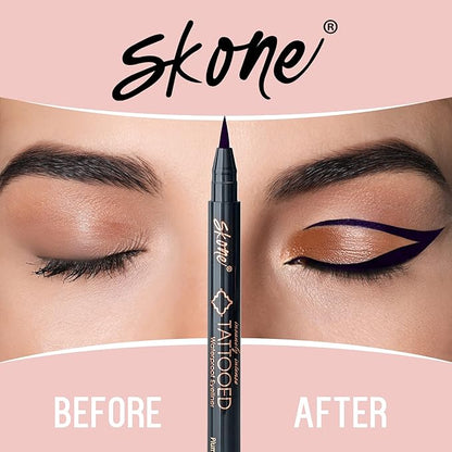 Skone Waterproof Liquid Eyeliner - Long Lasting & Smudge Proof - Insanely Intense Tattooed Eyeliner Pen with Felt Tip Applicator - Plum Black (0.07oz)
