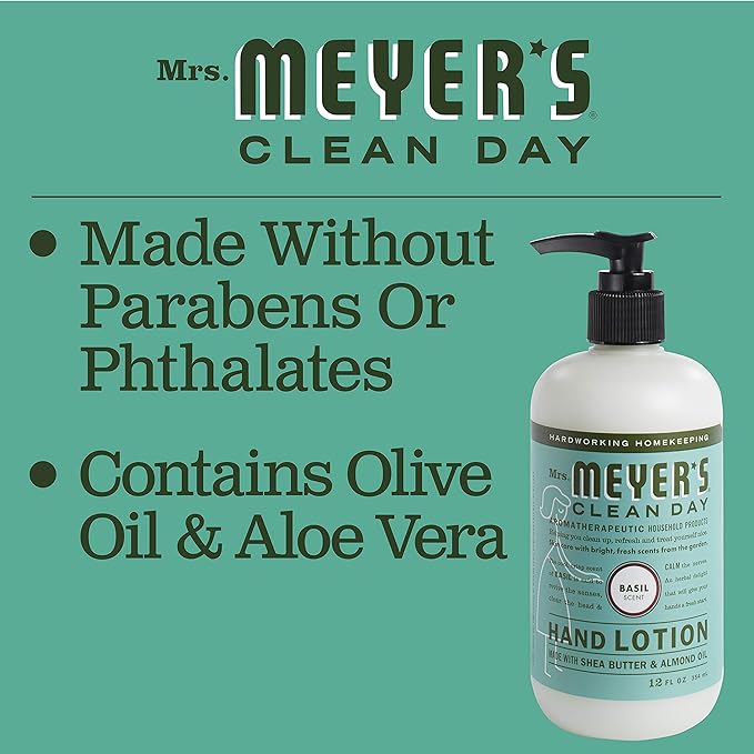 MRS. MEYER'S CLEAN DAY Hand Lotion for Dry Hands, Non-Greasy Moisturizer Made with Essential Oils, Basil, 12 oz