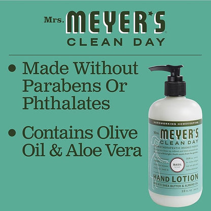 MRS. MEYER'S CLEAN DAY Hand Lotion for Dry Hands, Non-Greasy Moisturizer Made with Essential Oils, Basil, 12 oz
