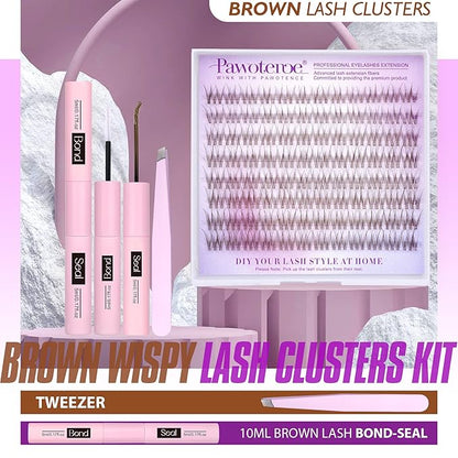 Pawotence Brown Lash Extension Kit Lash Clusters Wispy clear Band 10-12mm Individual Lashes Natural Brown Clusters Eyelash Extension Kit with Lash Bond and Seal, Lash Applicator for Self Use