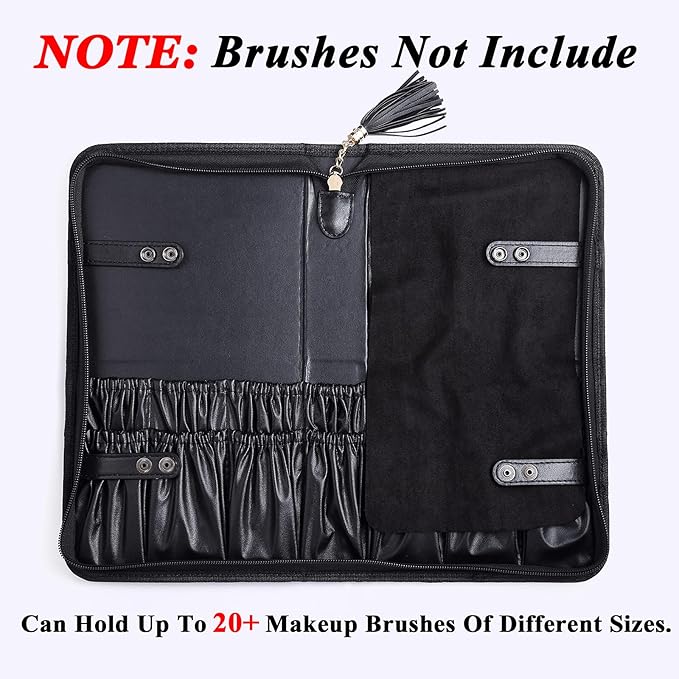 Rownyeon Professional Makeup Brushes Organizer Bag Makeup Artist Cosmetic Case Leather Handbag Black Travel Portable(Only Bag)
