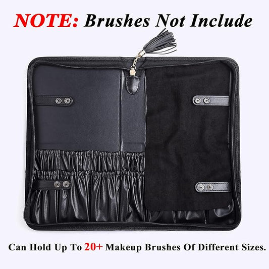 Rownyeon Professional Makeup Brushes Organizer Bag Makeup Artist Cosmetic Case Leather Handbag Black Travel Portable(Only Bag)
