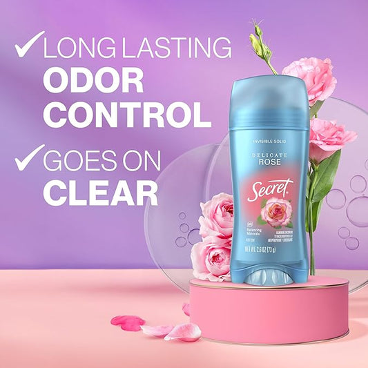 Secret Fresh Antiperspirant Deodorant for Women, 72hr Breathable Sweat & Odor Protection, Instant Freshness & Gentle, PH Balancing Minerals, Invisible Solid, Delicate Rose Scent, 2.6 oz (Pack of 3)