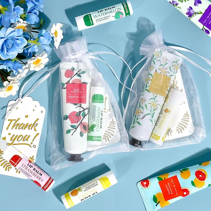 AZEN 50 Sets Hand Cream and Lip Balm Set with Organza Bag Thank You Card, Baby Shower Wedding Gifts for Guests, Bridal Souvenirs for Colleagues Employee Coworkers, Party Favor for Female Friends
