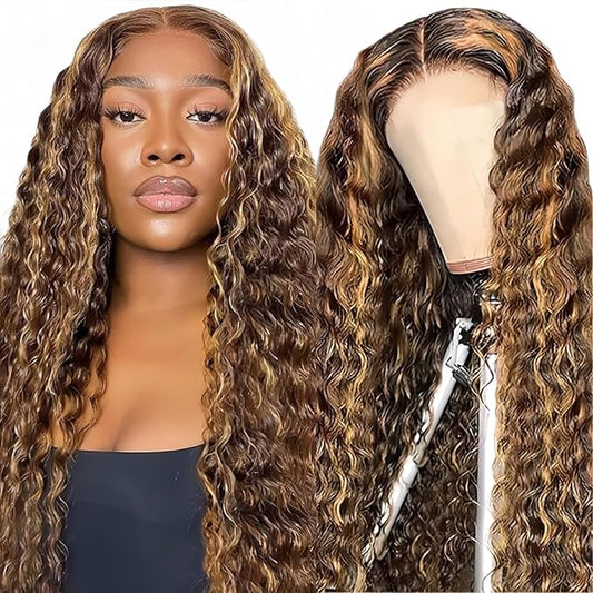 5x5 Highlight Water Wave Closure Wigs Human Hair 180% Density Curly Human Hair Wig Pre Plucked 18inch P4/27 Ombre 5x5 HD Lace Closure Wigs for Women(427curly 18inch)