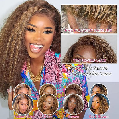 13x6 Highlight Deep Wave Lace Front Wigs Human Hair 180% Density Ombre Honey Blonde Curly Human Hair Wig Pre Plucked with Baby Hair 4/27 HD Transparent Lace Front Wigs Human Hair 20 Inch