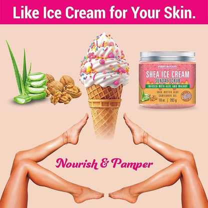 First Botany Body Scrub - Natural Exfoliating Salt Scrub & Body and Face Souffle helps with Moisturizing Skin, Acne, Cellulite, Dead Skin Scars, Wrinkles (10 fl oz, Shea Icecream)