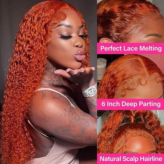Ginger Lace Front Wigs Human Hair 13x6 Deep Wave Hd Lace Front Wig for Women 180% Density Glueless Orange Colored Curly Lace Frontal Wig Human Hair Pre Plucked Bleached Knots With Baby Hair 20 Inch