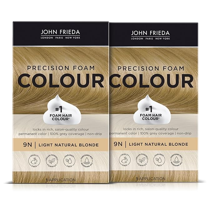 John Frieda Precision Foam Colour, Light Natural Blonde 9N, Full-coverage Hair Color Kit, Anti-Fade Gray Coverage, Deep Color Saturation Hair Dye, Pack of 2