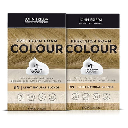 John Frieda Precision Foam Colour, Light Natural Blonde 9N, Full-coverage Hair Color Kit, Anti-Fade Gray Coverage, Deep Color Saturation Hair Dye, Pack of 2