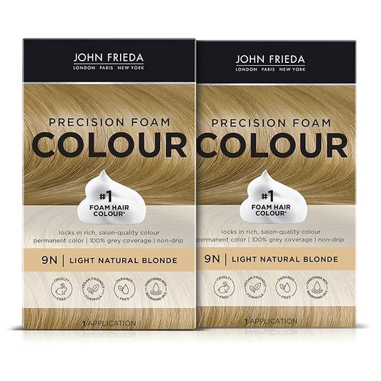 John Frieda Precision Foam Colour, Light Natural Blonde 9N, Full-coverage Hair Color Kit, Anti-Fade Gray Coverage, Deep Color Saturation Hair Dye, Pack of 2