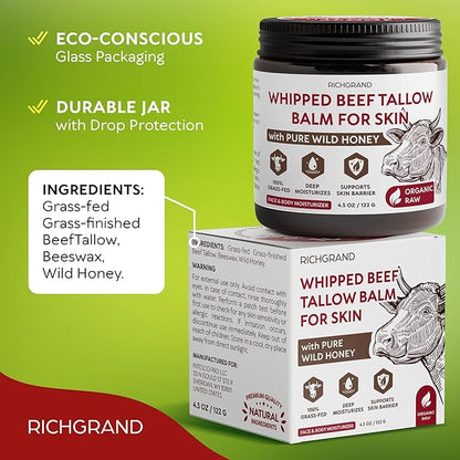 Beef Tallow for Skin - Whipped Grass-Fed Moisturizer with Wild Honey & Beeswax, Natural Face & Body Care, Deep Hydration, Anti-Aging, Sensitive Skin Safe, 100% Organic Balm