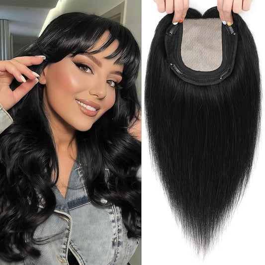 Hair Toppers for Women Real Human Hair, 360° 3D Toppers Pieces for Women with Thinning Crown Wispy Bangs 14 Inch Upgrade Big Basement (Black, 14 Inch Wispy Bangs)