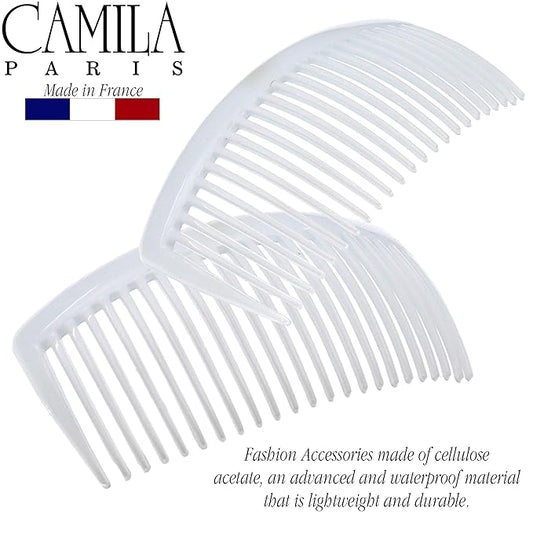 Camila Paris CP3024 French Side Combs Large Curved, White French Twist Hair Combs Decorative, Strong Hold Hair Clips for Women Bun Chignon Up-Do, No Slip Styling Girls Hair Accessories, Made in France