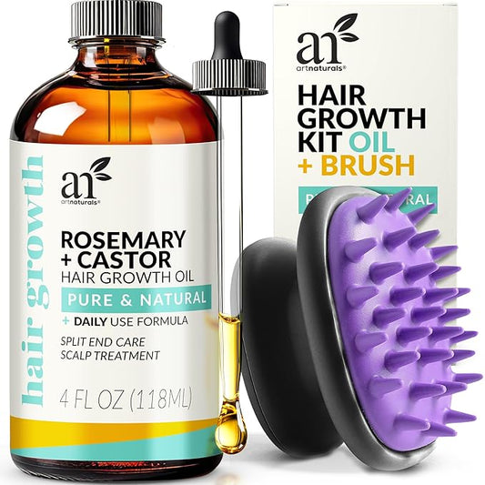 ArtNaturals Organic Rosemary & Castor Hair Growth Oil + Scalp Massager Set – Hair Styling Oils for Dry, Itchy Scalp, Thickening & Hydration - Scalp Oil Products For Damaged Hair & Split Ends – 4.0 oz