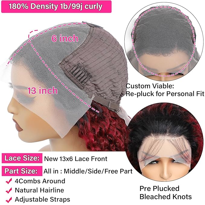 99j Burgundy Curly Lace Front Wigs Human Hair 13x6 OmbreBlack and Burgundy Lace Frontal Wig Pre Plucked Glueless 180% Density Dark Root 1B Burgundy Curly HD Lace Wig for Women 26 Inch