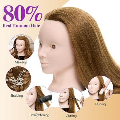 Neverland Beauty Mannequin Head with 80% Real Human Hair with Tripod Stand, 26 Inch Makeup Hairdressing Training Head Braiding Mannequin Head Manikin Styling Head Cosmetology Practice Doll Head