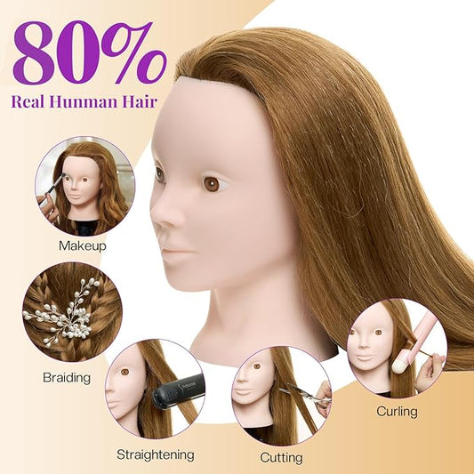 Neverland Beauty Mannequin Head with 80% Real Human Hair with Tripod Stand, 26 Inch Makeup Hairdressing Training Head Braiding Mannequin Head Manikin Styling Head Cosmetology Practice Doll Head