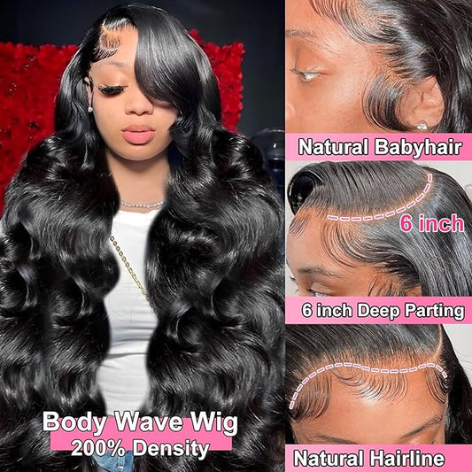 13x6 Lace Frontal Wigs Human Hair 200% Density Body Wave HD Lace Front Wigs Pre Plucked Natural Color Glueless Wig 100% Virgin Human Hair for Black Women 24 inch