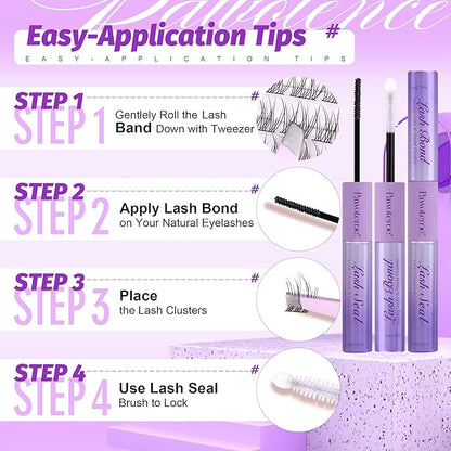 Pawotence Lash Extension Kit Lash Clusters Multi-types Individual Lashes Natural Bottom, Light Volume, 20D 30D Clusters Eyelash Extension Kit with Lash Bond and Seal, Lash Applicator for Self Use