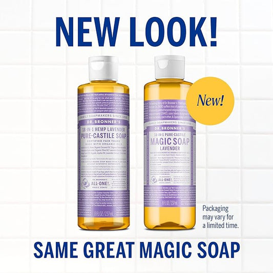 Dr. Bronner’s Pure-Castile Magic Liquid Soap (Lavender, 8 Ounce)- Made with Organic Oils, 18-in1 Uses: Face, Hair, Hand & Body Soap, Laundry, Pets- Concentrated, Vegan, Non-GMO