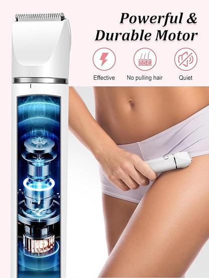 Bikini Trimmer and Shaver Kit for Women - 2-in-1 Wet/Dry Electric Body Hair Trimmer Facial Hair Removal Cordless Waterproof Bikini Shaver Razor for Face Lip Chin Pubic Underarm Legs (White)