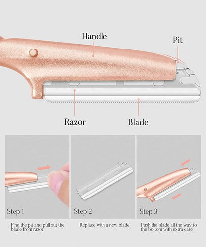 ennva Eyebrow Razor for Women-Eyebrow Trimmer Dermaplaning Tool-Ergonomic Eyebrow Shaper & Facial Razor for Peach Fuzz-Exfoliating Face Razor for Eyebrows-Eye Brow Shaver Razors w/7 Blades- Rose Gold