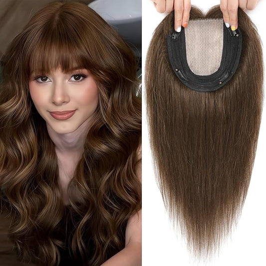 Hair Toppers for Women Real Human Hair, 360° 3D Toppers Pieces for Women with Thinning Crown Wispy Bangs 16 Inch Upgrade Big Basement (Medium Brown, 16 Inch Wispy Bangs)