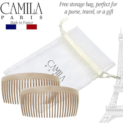 Camila Paris CP2912 French Side Combs Large Curved, Nude French Twist Hair Combs Decorative, Strong Hold Hair Clips for Women Bun Chignon Up-Do, No Slip Styling Girls Hair Accessories, Made in France