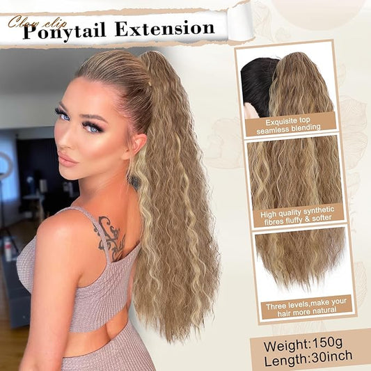 AISI BEAUTY Claw Clip Ponytail Extensions,30 Inch Long Curly Ponytail Extension for Women Fluffy Blonde Highlights Synthetic Ponytail Hairpiece for Daily Use