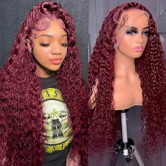 CHEETAHBEAUTY 99J Burgundy Deep Wave 13X6 HD Transparent Lace Front Wig Human Hair Brazilian Virgin Human Hair Wigs for Black Women Deep Curly Wigs Pre Plucked with Baby Hair 250% Density(32inch)