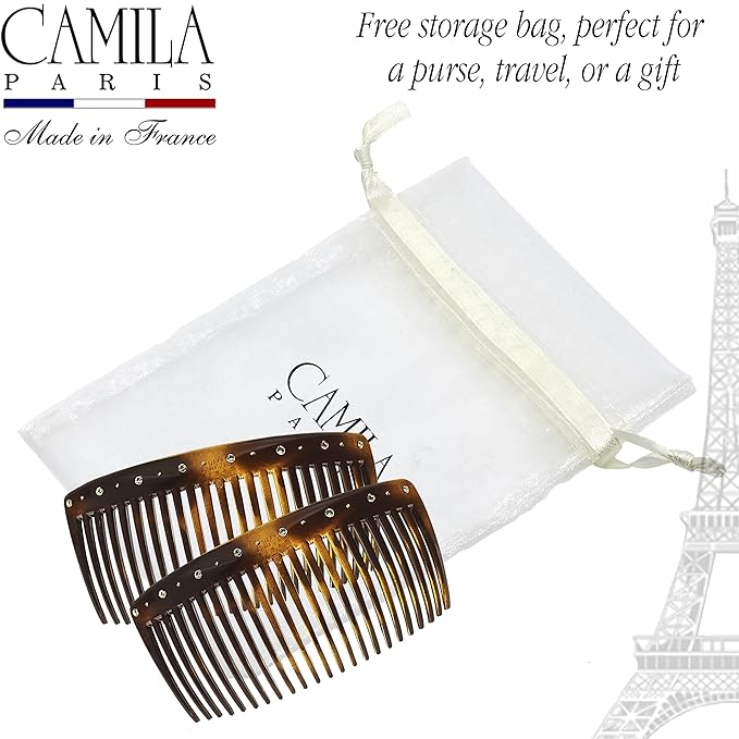 Camila Paris AD66S French Side Comb Large Curved Tortoiseshell Crystals Hair Combs for Women Fine Hair, Strong Hold Hair Comb for Women Bun Chignon Up-Do Styling Girls Hair Accessories, Made in France